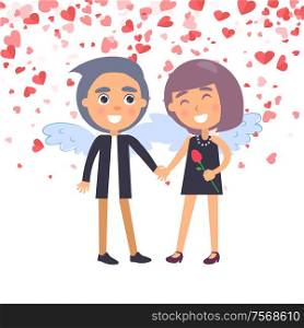 Smiling woman in clothes and man in suit, couple with wings. Boyfriend and girlfriend Valentine day. Boy holding and looking at girl with flower vector. Boy Holding Girl with Wings, Valentine Day Vector