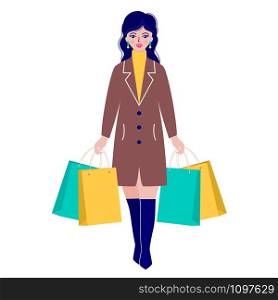Smiling woman in coat with packages on white background.