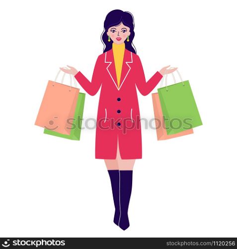 Smiling woman in coat with packages on white background.