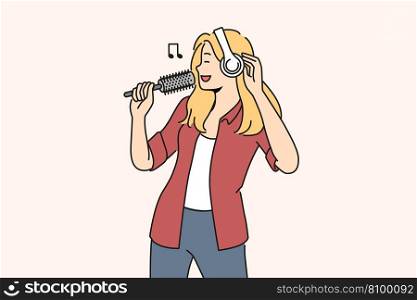 Smiling woman in headphones sing in hairbrush. Happy girl have fun enjoy singing with brush in hands. Hobby and entertainment. Vector illustration. . Smiling woman in earphones sing in hairbrush 