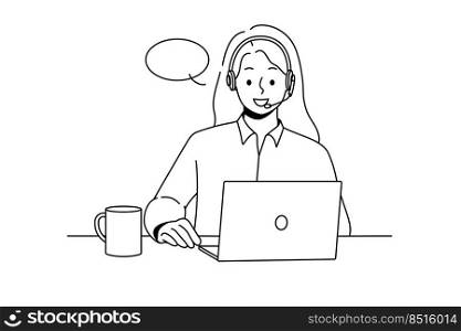 Smiling woman in headset sit ta desk talk on video call on computer. Happy female call center agent have online conversation on laptop. Vector illustration. . Smiling woman in headset talk on laptop 