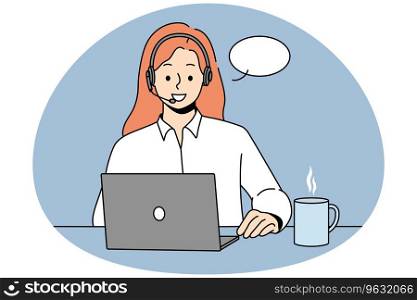 Smiling woman in headset sit ta desk talk on video call on computer. Happy female call center agent have online conversation on laptop. Vector illustration.. Smiling woman in headset talk on laptop