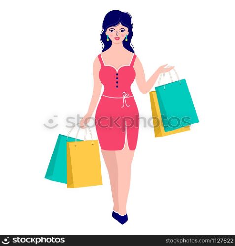 Smiling woman in red dress with packages on white background.