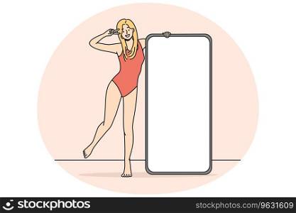 Smiling woman in swimsuit posing with cellphone with mockup screen. Happy girl in bodysuit near smartphone with white copy space display. Influencer concept. Vector illustration.. Smiling girl posing near cellphone