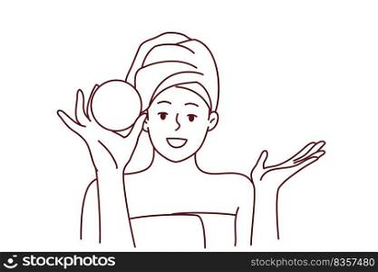 Smiling woman in towel and bathrobe do facial beauty procedures in spa. Happy girl enjoy face skincare procedures at home. Cosmetology concept. Vector illustration.. Smiling woman do beauty skincare procedures