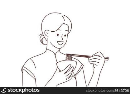 Smiling woman in traditional clothes eating noodle with chopsticks. Happy female enjoy Asian food from bowl. Culture and cuisine. Vector illustration. . Smiling woman eat noodles with chopsticks 