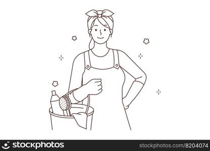 Smiling woman in uniform work in housekeeping service. Happy female housekeeper with clean bottles. Sanitor occupation. Vector illustration. . Smiling housekeeper in uniform 