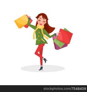 Smiling woman in warm coat and green trousers, bought presents on Christmas. Girl with color packages, hold bags in hands. Gifts from sale, discounts vector. Smiling Woman Warm Coat, Trousers, Presents Gifts