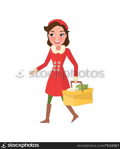 Smiling woman in warm coat, buying presents on Christmas. Girl with color packages, hold cart with presents in hands. Gifts from sale, discounts vector. Smiling Woman in Warm Coat Buying Presents on Xmas