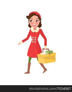 Smiling woman in warm coat, buying presents on Christmas. Girl with color packages, hold cart with presents in hands. Gifts from sale, discounts vector. Smiling Woman in Warm Coat Buying Presents on Xmas
