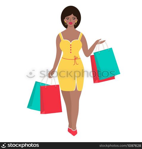 Smiling woman in yellow dress with packages on white background.