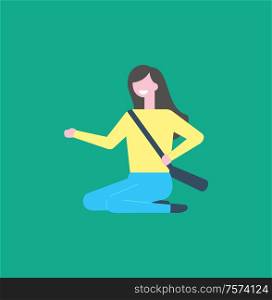 Smiling woman in yellow sweater and blue trousers, bag over shoulders vector cartoon person. Girl sitting on floor and pointing on something by hand,. Smiling Woman in Yellow Sweater and Blue Trousers