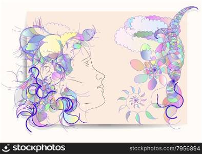 smiling woman looing on the cloud with floral decoration