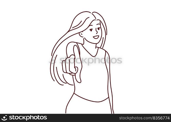Smiling woman look at camera making hand gesture. Happy female point at screen make choice or decision. Vector illustration.. Smiling woman point at screen