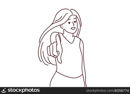 Smiling woman look at camera making hand gesture. Happy female point at screen make choice or decision. Vector illustration.. Smiling woman point at screen