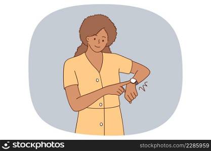 Smiling woman look at smartwatch on hand. Happy African American girl check time on smart watch on wrist. Modern technology concept. Flat vector illustration, cartoon character. . Smiling girl look at smart watch on hand 
