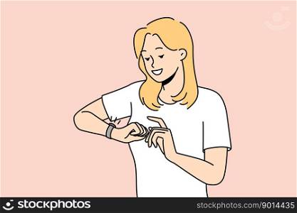 Smiling woman look at wristwatch check time. Happy girl use classic analogue watch on wrist. Time management and deadline. Vector illustration. . Smiling woman check time on wristwatch 