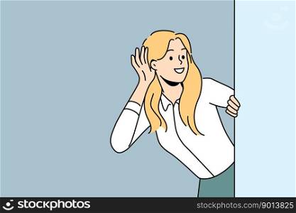 Smiling woman look behind wall listening to gossip or hearsay. Happy female make hand gesture hear hidden information or messages. Vector illustration. . Smiling woman listening to gossips 