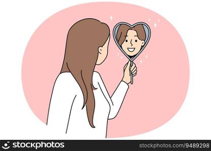 Smiling woman look in heart shaped mirror satisfied with reflection. Concept of self-love and self-acceptance. Vector illustration.. Happy woman look in heart shaped mirror