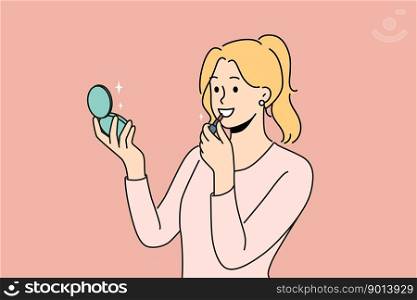Smiling woman look in mirror putting red lipstick. Happy girl doing makeup with beauty products, getting ready. Cosmetics concept. Vector illustration. . Smiling woman look in mirror do makeup 