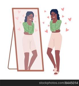 Smiling woman looking in mirror semi flat color vector character. Editable figure. Full body person on white. Psychology simple cartoon style illustration for web graphic design and animation. Smiling woman looking in mirror semi flat color vector character
