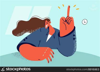 Smiling woman make hand gesture develop brilliant business idea or thought. Happy female put finger in air recommend deal or offer. Vector illustration. . Smiling woman put finger in air develop idea