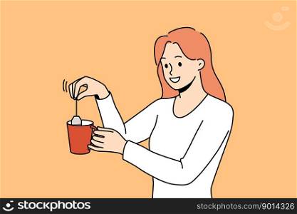 Smiling woman make tea in cup. Happy girl prepare warm drink with bag. Hot beverage for relaxation. Vector illustration. . Smiling woman make tea in cup