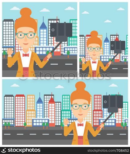 Smiling woman making selfie with a selfie-stick. Young woman taking photo with cellphone and waving on a city background. Vector flat design illustration. Square, horizontal, vertical layouts.. Woman making selfie vector illustration.