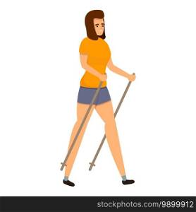 Smiling woman nordic walking icon. Cartoon of smiling woman nordic walking vector icon for web design isolated on white background. Smiling woman nordic walking icon, cartoon style