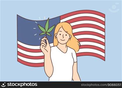 Smiling woman on American flag background show marijuana leaf. Happy female with cannabis in hands stand for legalization in USA. Vector illustration. . Smiling woman with cannabis on American flag background