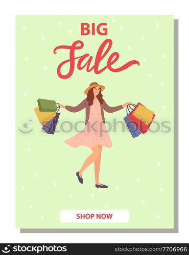 Smiling woman on the postcard cover with shopping bags in her hands. Young beautiful happy girl jumping and picking up multi-colored packages with clothes. Big sale announcement in the store. Woman on the postcard cover is standing with shopping bags. Big sale announcement in the store