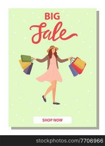 Smiling woman on the postcard cover with shopping bags in her hands. Young beautiful happy girl jumping and picking up multi-colored packages with clothes. Big sale announcement in the store. Woman on the postcard cover is standing with shopping bags. Big sale announcement in the store