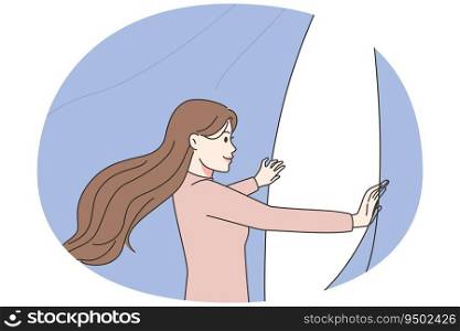 Smiling woman open curtain to new happy life. Female see light satisfied with changes after psychological treatment and session. Vector illustration.. Woman open curtain to new life