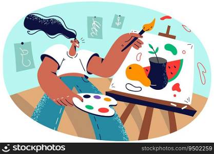Smiling woman painting picture on easel in artistic studio. Happy girl enjoy drawing engaged in creative art process. Hobby. Vector illustration.. Smiling girl painting on easel