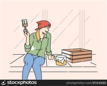 Smiling woman painting wooden box outside of house on terrace. Happy girl renovate decoration engaged in DIY process. Hobby and redecoration. Vector illustration. . Smiling woman renovate wooden box on terrace