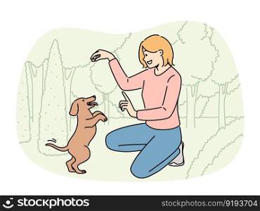 Smiling woman playing with puppy in park. Happy girl have fun learn commands with cute dog in forest. Vector illustration. . Smiling girl playing with dog in park