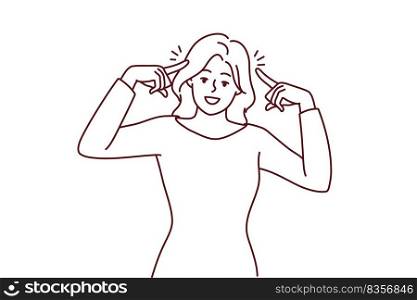 Smiling woman point at herself feeling successful and confident. Happy female show at head with fingers generate ideas. Vector illustration.. Smiling woman point at head