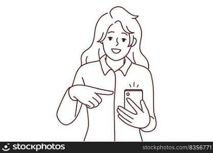 Smiling woman point at notification on cellphone screen. Happy female recommend good sale deal or offer on mobile phone. Vector illustration.. Smiling woman point at mobile notification