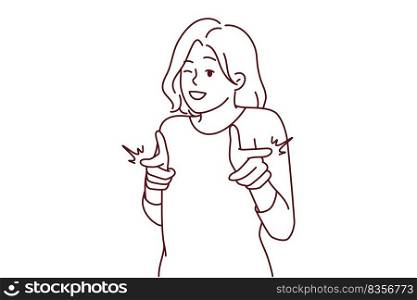 Smiling woman point at screen make choice. Happy female show with fingers at camera make I choose you gesture. Vector illustration.. Smiling woman point at camera