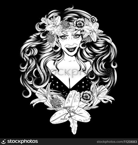 Smiling woman portrait in flower crown with lilies design.