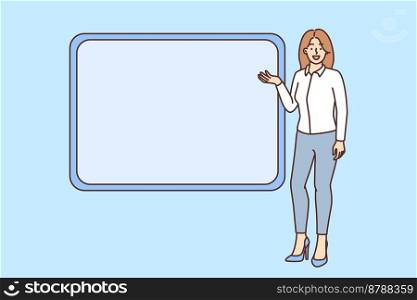 Smiling woman presenter or coach point at mockup board make presentation. Happy businesswoman present on white empty board. Copy space. Vector illustration. . Smiling woman present near mockup board 