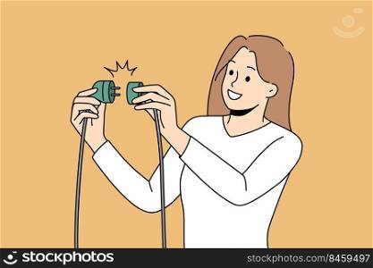 Smiling woman put electric plug into pocket. Concept of problem solution and effectiveness. Productivity and energy source. Vector illustration.. Woman put plug in electric pocket
