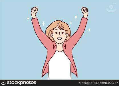 Smiling woman raise hands celebrate success or promotion. Happy female feel euphoric with win or victory. Vector illustration.. Smiling woman raise hands celebrate win