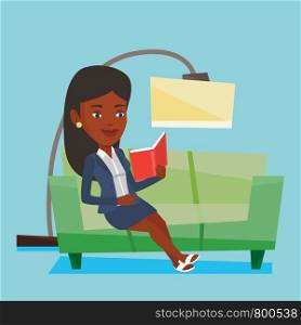 Smiling woman reading a book on a sofa. An african-american woman relaxing with a book on the couch at home. Woman sitting on a sofa and reading a book. Vector flat design illustration. Square layout.. Woman reading book on sofa vector illustration.