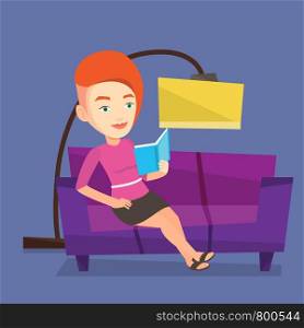 Smiling woman reading a book on a sofa. Caucasian woman relaxing with a book on the couch at home. Young woman sitting on a sofa and reading a book. Vector flat design illustration. Square layout.. Woman reading book on sofa vector illustration.