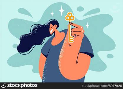 Smiling woman renter or tenant holding key in hands. Happy female celebrate moving or relocation to new own apartment or house. Ownership and real estate. Vector illustration. . Smiling woman tenant with key in hands
