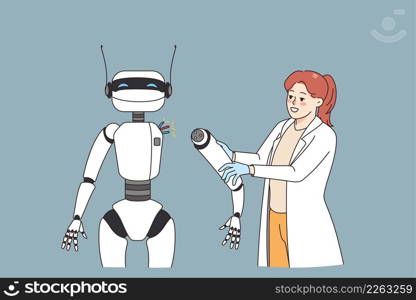 Smiling woman researcher connect hand to robot study programming. Happy female professional work with humanoid or cyborg. Technology and ai. Artificial intelligence. Vector illustration.. Woman work with ai robot in office