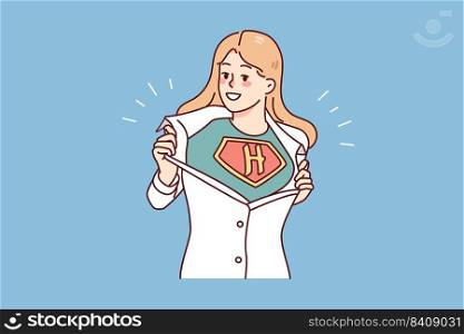 Smiling woman ripping shirt showing hero sign. Happy female demonstrate superhero abilities. Power and strength. Vector illustration. . Woman rip shirt show superhero sign