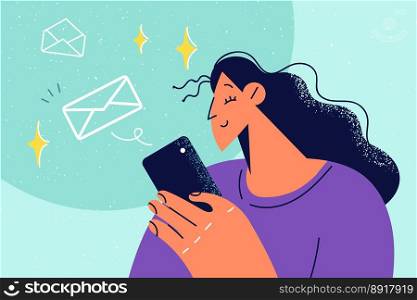 Smiling woman send messages online on cellphone. Happy female user chat on internet on smartphone. Virtual communication on gadget. Vector illustration. . Smiling woman send messages on cellphone 