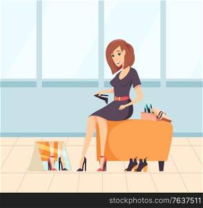 Smiling woman shopaholic choosing new high heels, female sitting on chair and looking at mirror. Lady in dress buying footwear, purchasing . Vector illustration in flat cartoon style. Lady Wearing New High Heels, Purchasing Vector